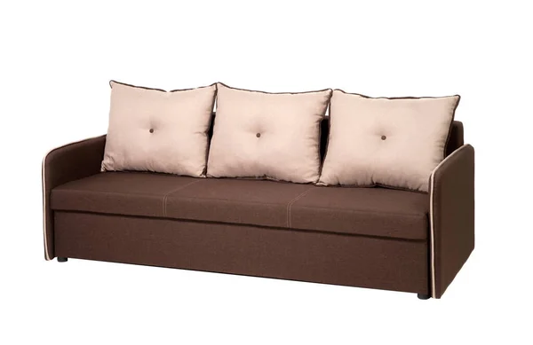 Braunes Sofa Mit Drei Kissen Auf Weißem Hintergrund Isoliert — Stockfoto