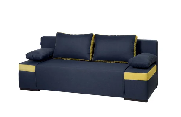 白い背景に4つの枕と黄色のアクセントとダークブルーのソファ孤立 — ストック写真