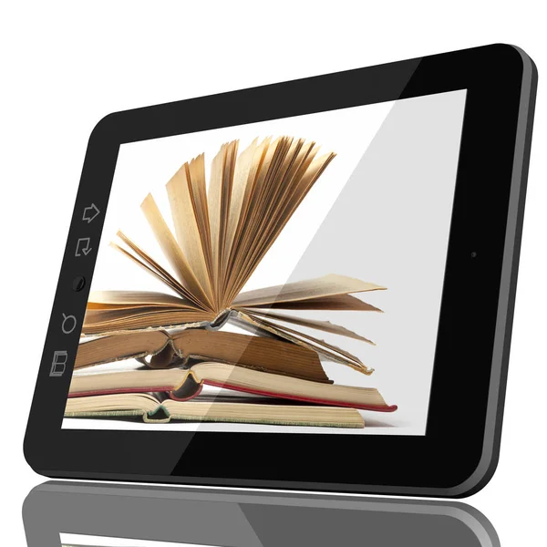 Digital Library Concept Cgi Abrir Livro Tela Computador Teblet Modelo — Fotografia de Stock