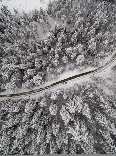 Vista Aerea Della Strada Invernale Nella Foresta Innevata Drone Catturato — Foto Stock