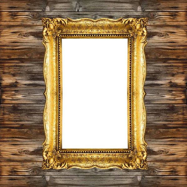 Old Gold Picture Frame on wooden background, graphic element — Stock Photo, Image