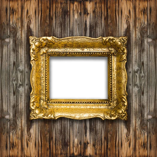 旧黄金复古图片框架在木材背景 — 图库照片