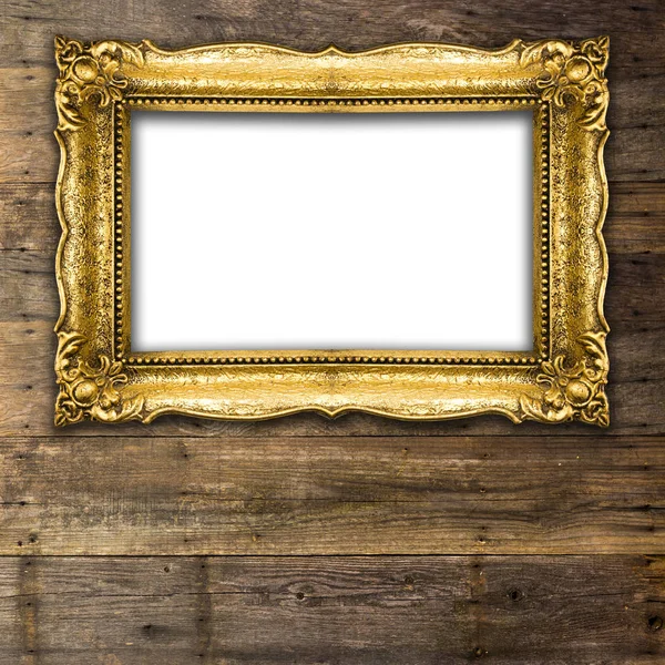 Retro Revival Old Gold Picture Frame on dark wood background — Stock Photo, Image