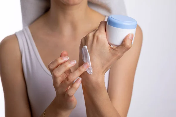 Young Woman Applying Hand Cream Protect Care Skin Close — Stock Photo, Image