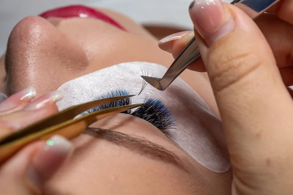 Treatment Eyelash Extension Blue Colors Lashes Woman Eyes Long Eyelashes — Stock Photo, Image