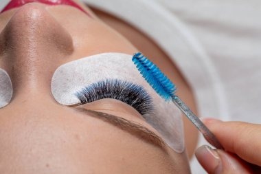 Mavi fırçalı Kirpik Uzantısı. Kırbaçlar. Uzun kirpikli kadın gözleri farklı renklerde..