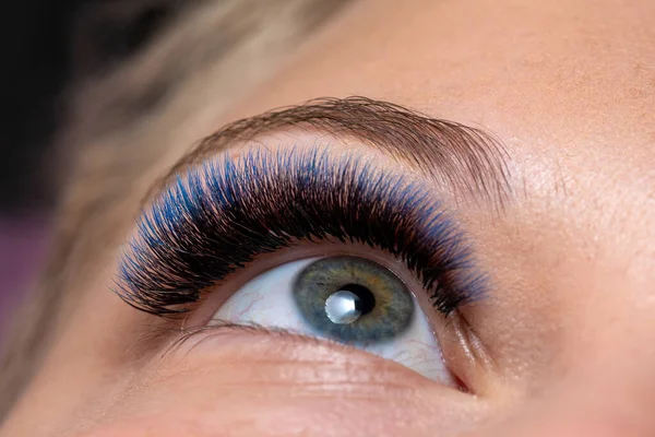 Blue Eyelash Extension Diferent Colors Lashes Woman Eyes Long Eyelashes — Stock Photo, Image