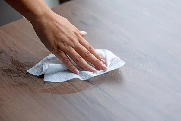 Woman Hand Cleaning Office Home Table Surface Wet Wipes — Stock Photo, Image