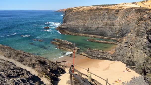 Odemira Portugal Circa September 2017 Beach Rocks Praia Cavaleiro Knights — Stock Video