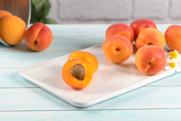 Delicious Ripe Apricots Fruit Wooden Background Close — Stock Photo, Image