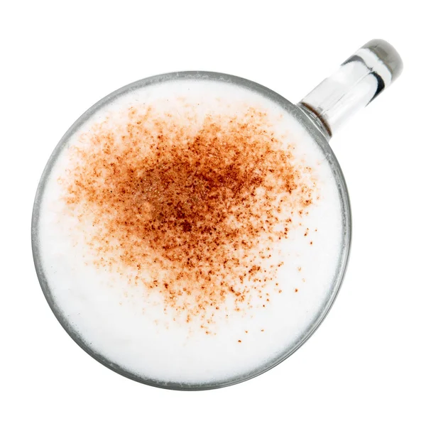Vista Superior Mistura Copo Vidro Latte Espuma Café Fundo Branco — Fotografia de Stock