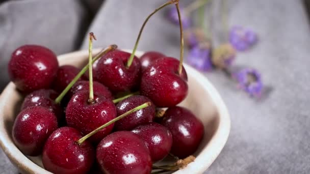 Red Fresh Cherries Bowls Bunch Cherries Table — Stock Video