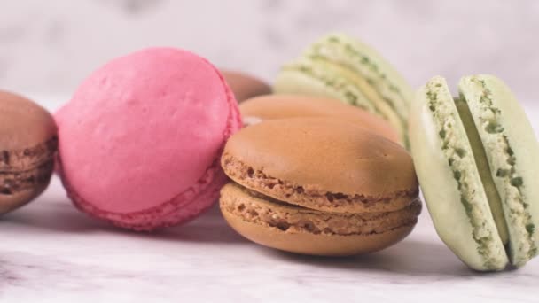 Macarons Macaroons Cookies Dessert France Isolated White Marble Countertop — Stock Video