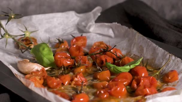 Pečené Cherry Tomotoes Středomořská Jídla Recept Myšlenka — Stock video