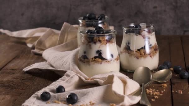 Yogurt Parfait Blueberry Granola Healthy Breakfast Concept Served Mason Jar — Stock Video
