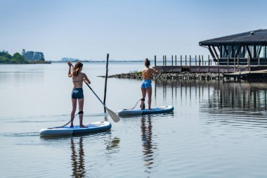 İki kadın paddleboarding göl kenarında ayağa kalk. Göl kenarında su sporları yaparken Genç kadınlar. Yaz tatili sırasında kadın turist.