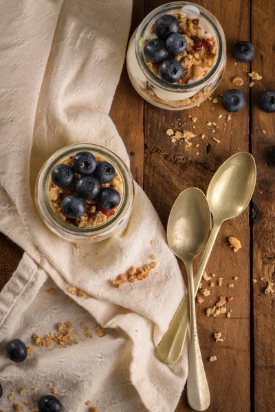 Yogurt Parfait Blueberry Granola Healthy Breakfast Concept Served Mason Jar — Stock Photo, Image