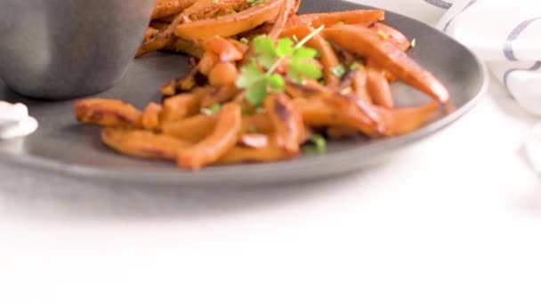 Crispy Sweet Potato Fries Ceramic Dish — Stock Video