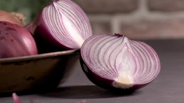 Fresh Whole Onions Assorted Colors Parsley Small Rustic Frying Pan — Stock Video