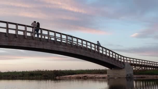 Ovar Portugal Circa October 2018 Wooden Bridge Water Autumn Sunset — Stock Video