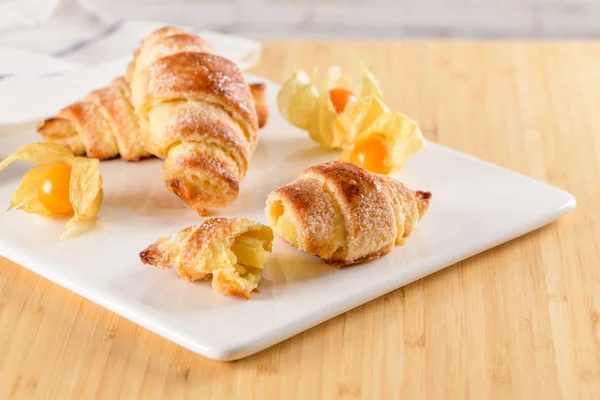 Small Croissant Physalis Fruits White Ceramic Tray Homemade Cakes Wooden — Stock Photo, Image