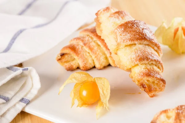 Small Croissant Physalis Fruits White Ceramic Tray Homemade Cakes Wooden — Stock Photo, Image