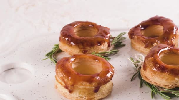 Typical Portuguese Pastry Glorias Tender Puff Pastry Topped Handmade Caramel — Stock Video