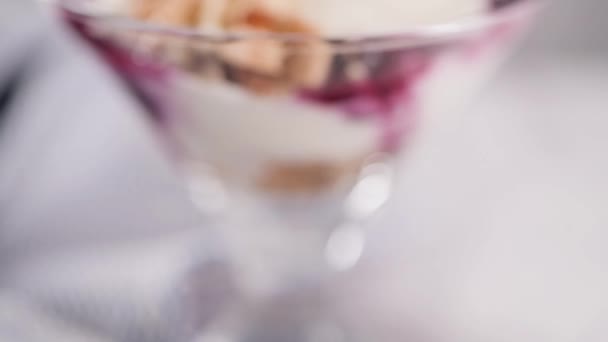 Pudim Figos Parfait Com Iogurte Compota Mirtilo Figos Avelã Biscoitos — Vídeo de Stock