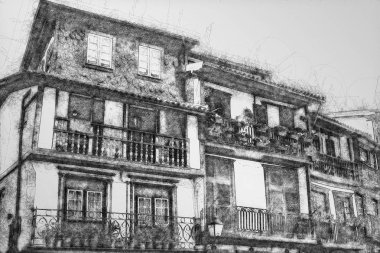 Mimari ayrıntılar üzerinde Oliveira Plaza, tarihi merkezinde Guimaraes Portekiz top kalem karalama çizimi.