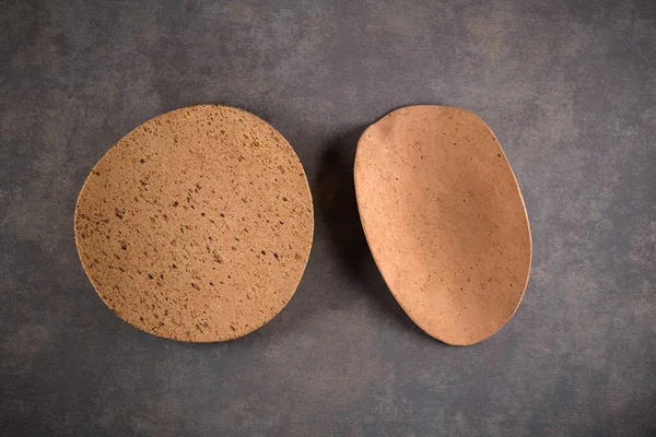 Top View Two Cork Plates Dark Grey Countertop — Stock Photo, Image