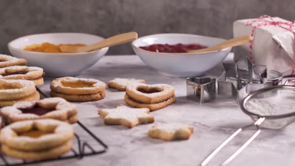 Biscotti Natale Fatti Casa Con Ripieno Marmellata Frutta Zucchero Freddo — Video Stock