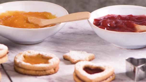 Homebaked Christmas Cookies Fruit Jam Filling Icing Sugar — Stock Video