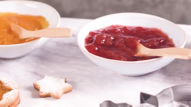 Homebaked Christmas Cookies Fruit Jam Filling Icing Sugar — Stock Video