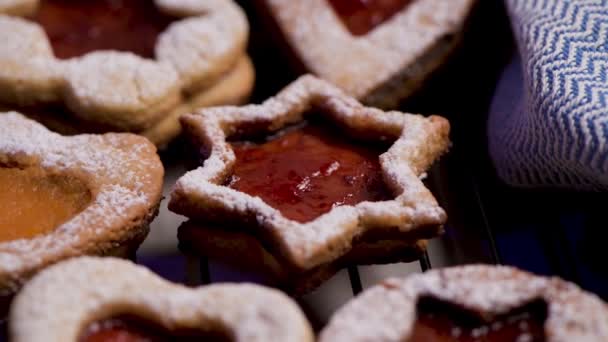 Homebaked Christmas Cookies Fruit Jam Filling Icing Sugar — Stock Video
