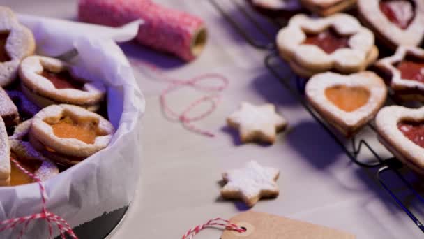 Homebaked Christmas Cookies Fruit Jam Filling Icing Sugar — Stock Video