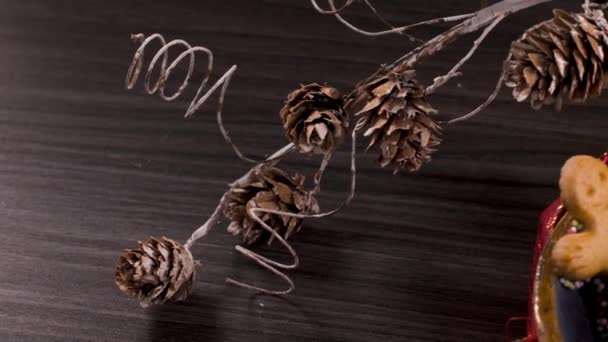 Fondo Navideño Con Galletas Jengibre Bastones Caramelo Hojas Perennes Sobre — Vídeo de stock