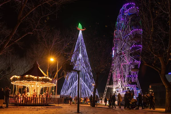 アヴェイロ ポルトガル 2018 フォンテ ガーデン クリスマス マーケットと Ria アヴェイロ近く夜のクリスマス ツリー — ストック写真