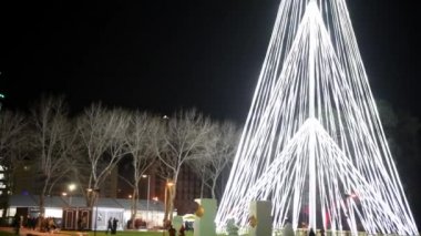Aveiro, Portekiz - yaklaşık Aralık 2018: Fonte Nova'nın bahçe Noel pazarı ve geceleri Ria de Aveiro yakınındaki Noel ağacı ile.