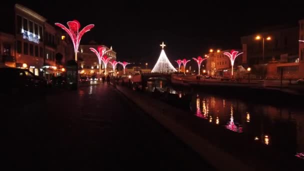 葡萄牙阿威罗 2018年12月 圣诞街道装饰和圣诞树转盘晚上在 Ria Aveiro — 图库视频影像