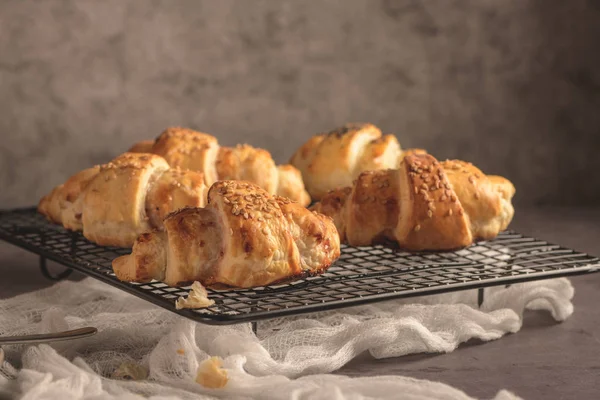 Baked Croissants Strawberry Jam Kitchen Countertop — Stock Photo, Image