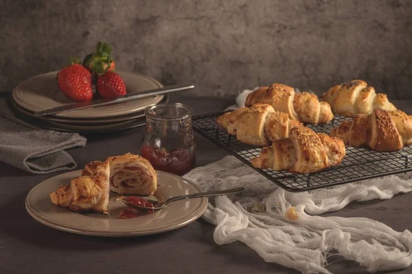 Baked Croissants Strawberry Jam Kitchen Countertop — Stock Photo, Image