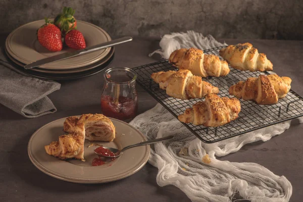 Baked Croissants Strawberry Jam Kitchen Countertop — Stock Photo, Image