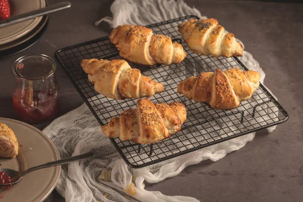Baked Croissants Strawberry Jam Kitchen Countertop — Stock Photo, Image