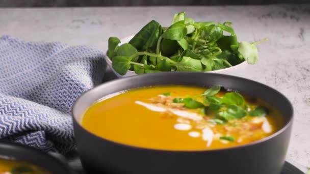 Healthy Pumpkin Soup Cream Organic Pumpkin Seeds — Stock Video