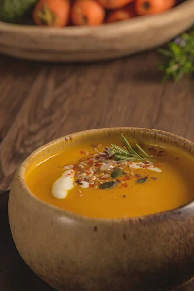 Sopa Calabaza Saludable Con Crema Semillas Calabaza Orgánica —  Fotos de Stock