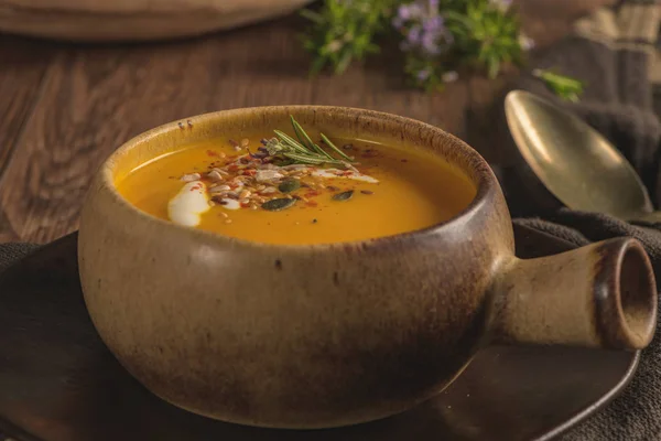 Sopa Calabaza Saludable Con Crema Semillas Calabaza Orgánica —  Fotos de Stock