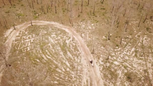 Letecký Dron Záběr Jeden Enduro Motocykl Jízdy Přes Cestu Nebo — Stock video