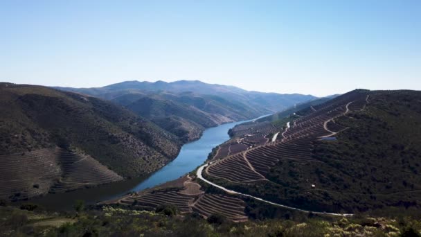 Rivier Douro Naast Monding Van Rivier Coa Vila Nova Foz — Stockvideo