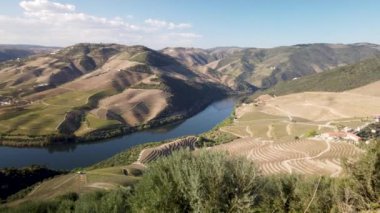 Douro Valley ve nehir Portekiz Pinhao Köyü yakınındaki teraslı üzüm bağları görünümünü. Kavram Portekiz seyahat ve Portekiz en güzel yerleri.