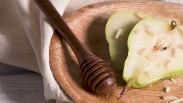 Tasty Pears Honey Nuts Wooden Table — Stock Video